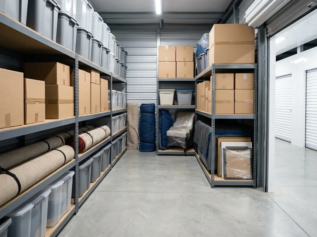 Organized storage unit with tall shelves holding stacked boxes and folded furniture under war